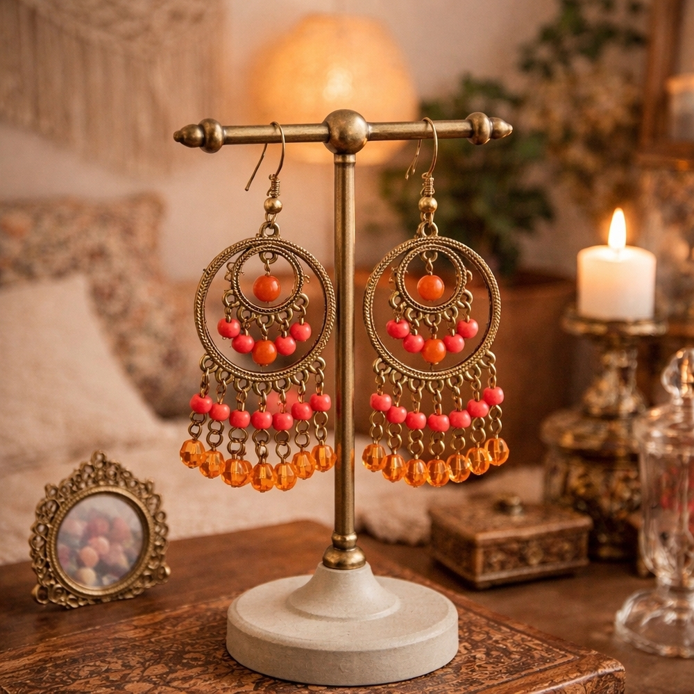 Bohemian Chandelier Earrings Moroccan Style Gold & Orange Summery - Pre-loved